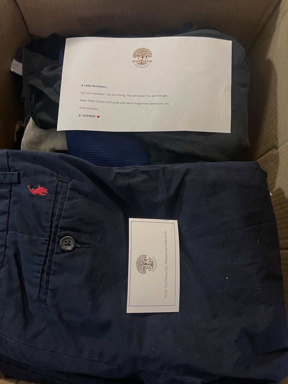 Each family received a personal note of encouragement and a BNspired card, tucked in with their clothing.